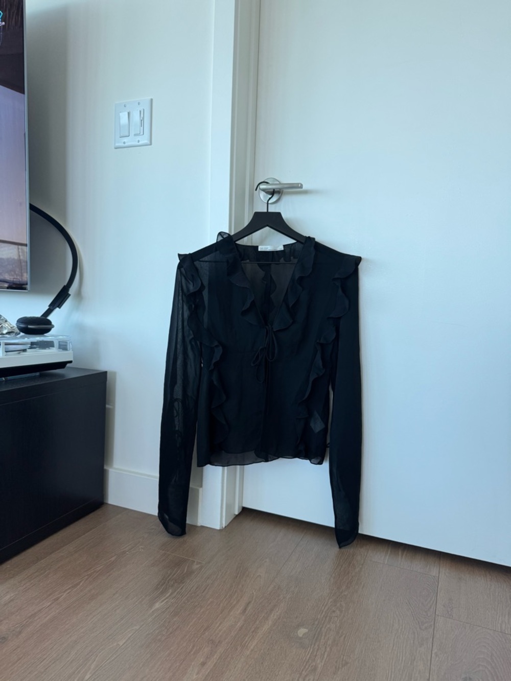 OAK + FORT Black Sheer Ruffle Tie-Front Blouse